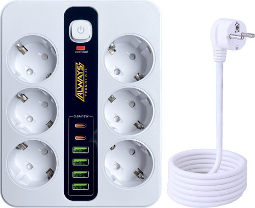 Leeways Akım Korumalı 6'lı Grup Priz 4 USB'li ve 2 TYPE-C li 6'lı Grup Priz 2 m Kablo Çocuk Korumalı