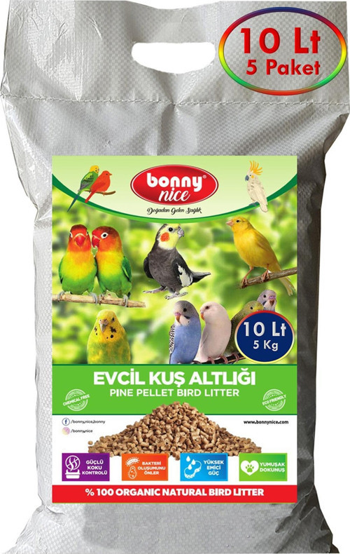 Bonny Nice Doğal Kuş Kumu Çam Pelet Muhabbet Kuş Kafes Altlığı 5 Kg 10 Lt (5 Adet)