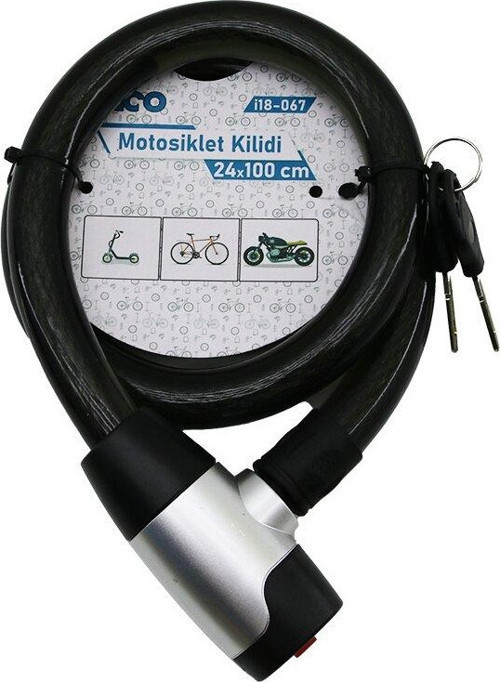 ANAHTARLI METAL KAPLAMA KAFA ÇEK-İT KİLİT KAPAK MOTOR - BİSİKLET KİLİT ÇELİK TEL SİYAH ŞEFFAF KILIF 24MMX100CM (5060)