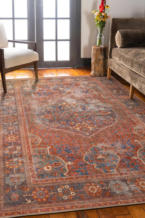 Brighton Klasik Kırmızı Polyester Dikdörtgen Modern Desenli Pamuk Makinada Yıkanabilir Hav Toz Vermez Leke Tutmayan Kaymaz Taban Dijital Makine Baskı Salon Yolluk Mutfak Halı