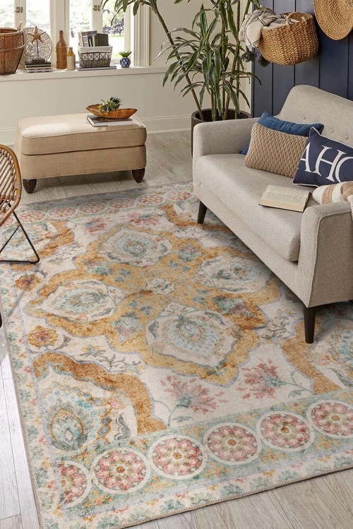 Algarve Klasik Krem Polyester Dikdörtgen Modern Desenli Pamuk Makinada Yıkanabilir Hav Toz Vermez Leke Tutmayan Kaymaz Taban Dijital Makine Baskı Salon Yolluk Mutfak Halı