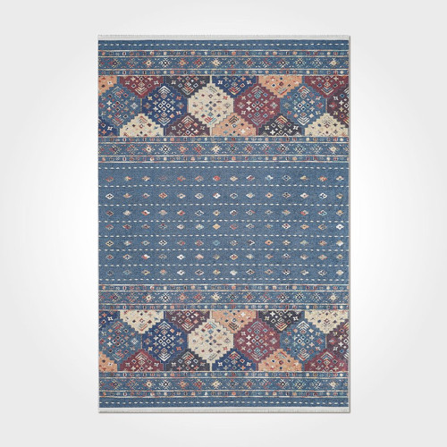 Hattie Geometrik Mavi Polyester Dikdörtgen Modern Desenli Pamuk Makinada Yıkanabilir Hav Toz Vermez Leke Tutmayan Kaymaz Taban Dijital Makine Baskı Salon Yolluk Mutfak Halı