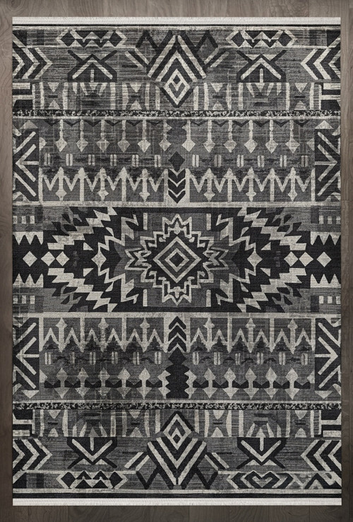 Geometrik Siyah Pamuk Dikdörtgen Modern Desenli Pamuk Makinada Yıkanabilir Hav Toz Vermez Leke Tutmayan Kaymaz Taban Dijital Makine Baskı Salon Yolluk Mutfak Halı