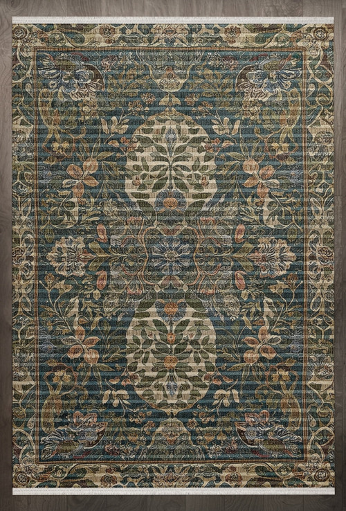 Çiçekli Yeşil Pamuk Dikdörtgen Modern Desenli Pamuk Makinada Yıkanabilir Hav Toz Vermez Leke Tutmayan Kaymaz Taban Dijital Makine Baskı Salon Yolluk Mutfak Halı