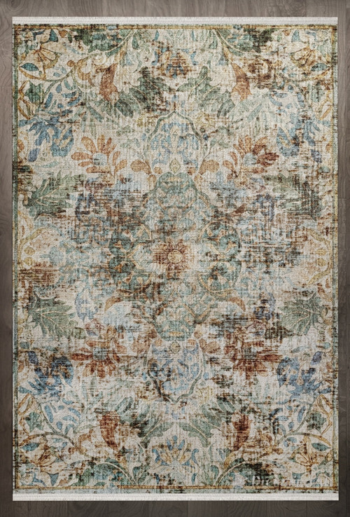 Çiçekli Bej Pamuk Dikdörtgen Modern Desenli Pamuk Makinada Yıkanabilir Hav Toz Vermez Leke Tutmayan Kaymaz Taban Dijital Makine Baskı Salon Yolluk Mutfak Halı