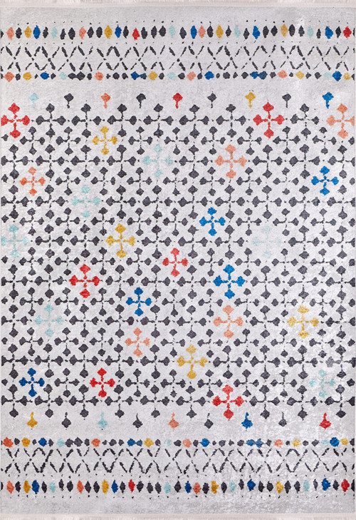 Reutov Beyaz Modern Etnik Desenli Makinada Yıkanabilir Hav Toz Vermez Leke Tutmayan Kaymaz Taban Dijital Makine Baskı Salon Yolluk Mutfak Halı