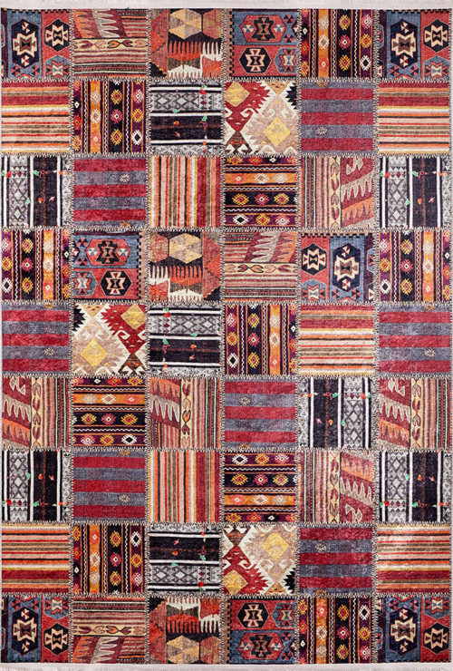 Hangzhou Bordo Patchwork Etnik Modern Desenli Makinada Yıkanabilir Hav Toz Vermez Leke Tutmayan Kaymaz Taban Dijital Makine Baskı Salon Yolluk Mutfak Halı
