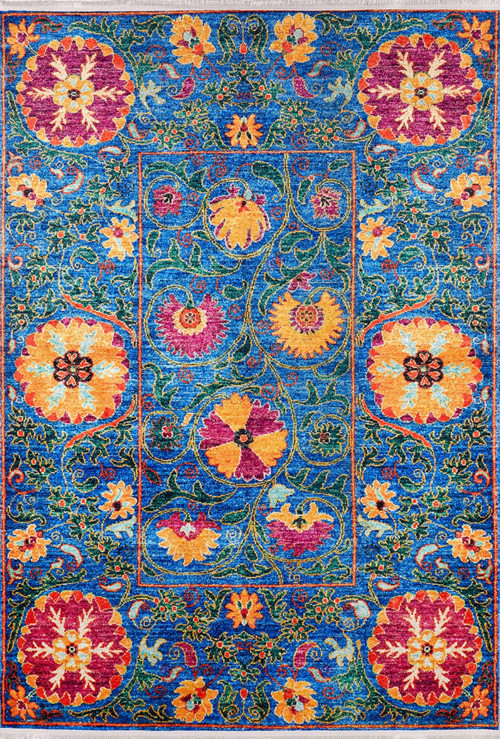 Sarapul Mavi Çiçekli Etnik Modern Desenli Makinada Yıkanabilir Hav Toz Vermez Leke Tutmayan Kaymaz Taban Dijital Makine Baskı Salon Yolluk Mutfak Halı