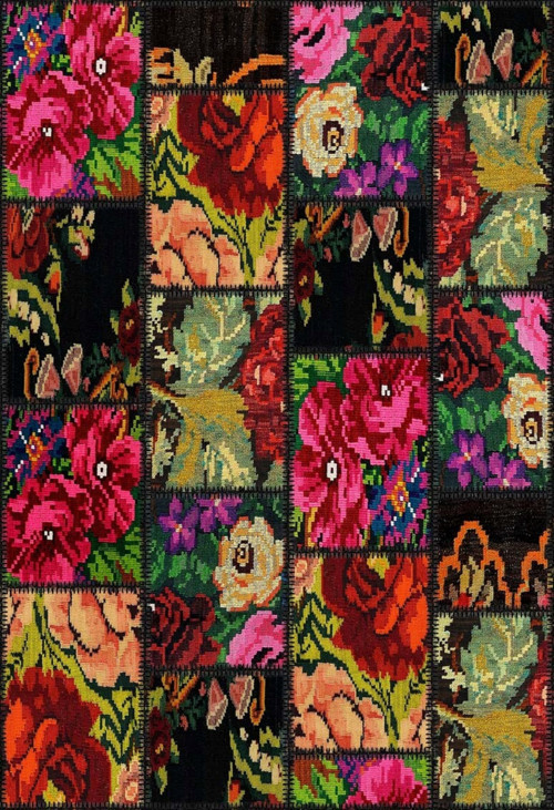 Çongcing Siyah Patchwork Etnik Modern Desenli Pamuk Makinada Yıkanabilir Hav Toz Vermez Leke Tutmayan Kaymaz Taban Dijital Makine Baskı Salon Yolluk Mutfak Halı