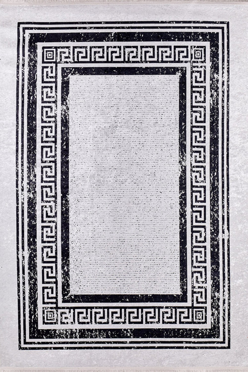 Biysk Gri Çerçeveli Etnik Modern Desenli Makinada Yıkanabilir Hav Toz Vermez Leke Tutmayan Kaymaz Taban Dijital Makine Baskı Salon Yolluk Mutfak Halı