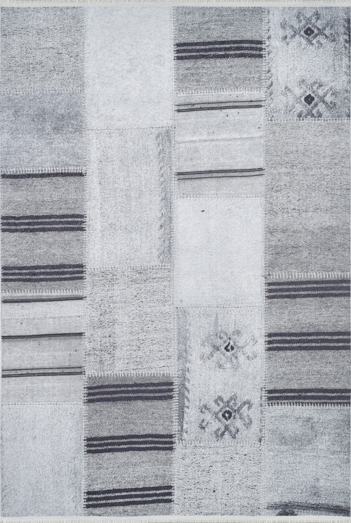 Bialogard Gri Patchwork Etnik Modern Desenli Makinada Yıkanabilir Hav Toz Vermez Leke Tutmayan Kaymaz Taban Dijital Makine Baskı Salon Yolluk Mutfak Halı
