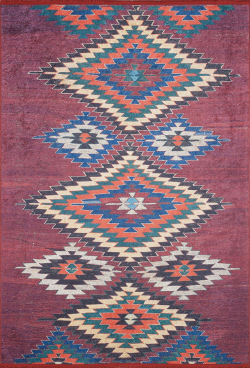 Bhopal Bordo Modern Etnik Desenli Makinada Yıkanabilir Hav Toz Vermez Leke Tutmayan Kaymaz Taban Dijital Makine Baskı Salon Yolluk Mutfak Halı
