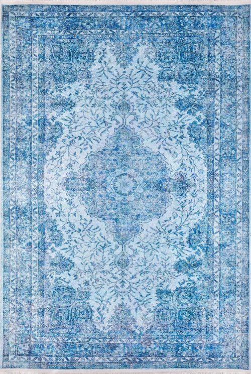 Evora Mavi Göbekli Etnik Modern Desenli Makinada Yıkanabilir Hav Toz Vermez Leke Tutmayan Kaymaz Taban Dijital Makine Baskı Salon Yolluk Mutfak Halı