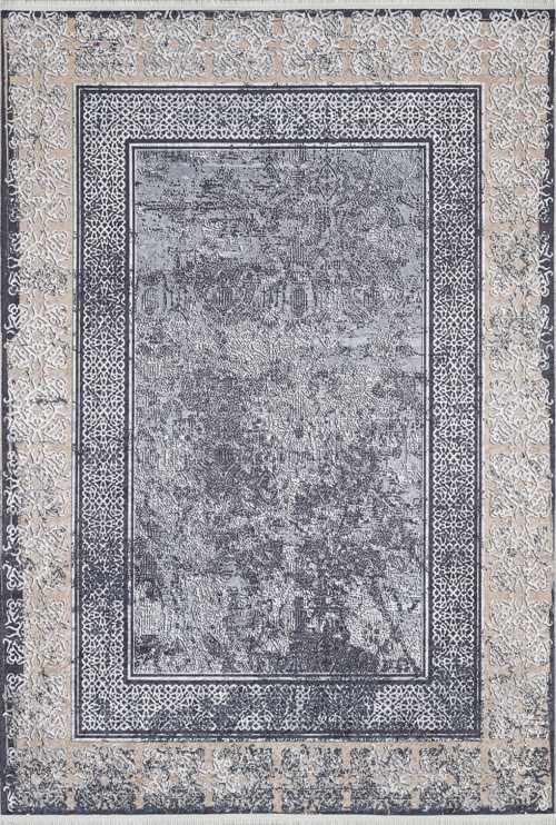 Jamnagar Gri Çerçeveli Etnik Modern Desenli Makinada Yıkanabilir Hav Toz Vermez Leke Tutmayan Kaymaz Taban Dijital Makine Baskı Salon Yolluk Mutfak Halı