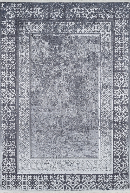 Sangli Gri Çerçeveli Etnik Modern Desenli Makinada Yıkanabilir Hav Toz Vermez Leke Tutmayan Kaymaz Taban Dijital Makine Baskı Salon Yolluk Mutfak Halı