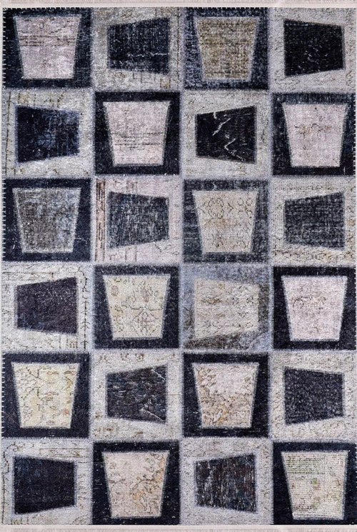 Şanghay Antrasit Patchwork Etnik Modern Desenli Pamuk Makinada Yıkanabilir Hav Toz Vermez Leke Tutmayan Kaymaz Taban Dijital Makine Baskı Salon Yolluk Mutfak Halı