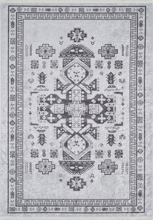 Jiutepec Gri Modern Etnik Desenli Makinada Yıkanabilir Hav Toz Vermez Leke Tutmayan Kaymaz Taban Dijital Makine Baskı Salon Yolluk Mutfak Halı
