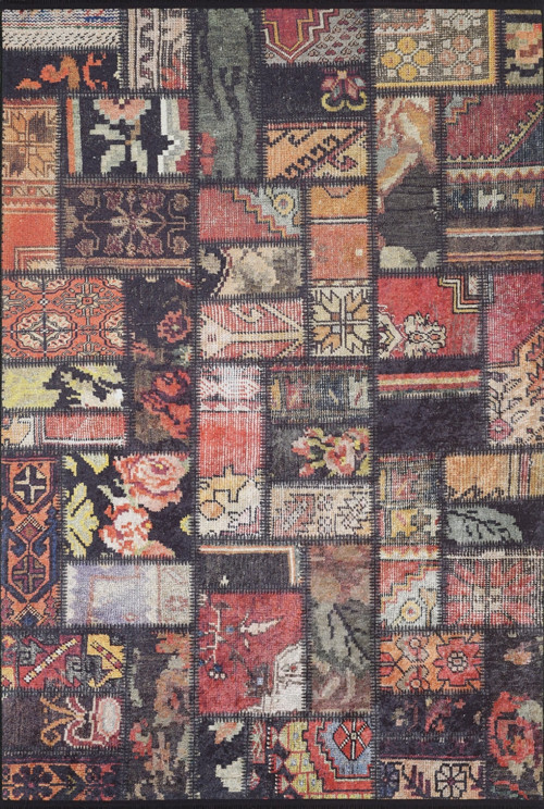 Blaszki Siyah Patchwork Etnik Modern Desenli Makinada Yıkanabilir Hav Toz Vermez Leke Tutmayan Kaymaz Taban Dijital Makine Baskı Salon Yolluk Mutfak Halı