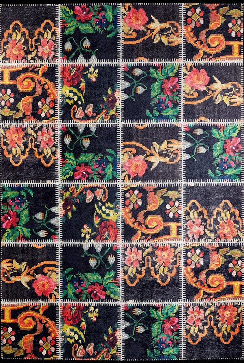 GrandHaven Siyah Patchwork Etnik Modern Desenli Pamuk Makinada Yıkanabilir Hav Toz Vermez Leke Tutmayan Kaymaz Taban Dijital Makine Baskı Salon Yolluk Mutfak Halı