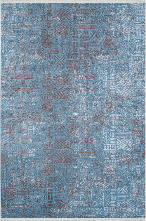 Barlinek Mavi Çizgili Etnik Modern Desenli Makinada Yıkanabilir Hav Toz Vermez Leke Tutmayan Kaymaz Taban Dijital Makine Baskı Salon Yolluk Mutfak Halı