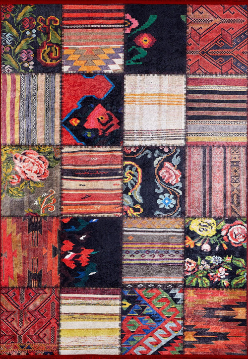 Coopersville Turuncu Patchwork Etnik Modern Desenli Makinada Yıkanabilir Hav Toz Vermez Leke Tutmayan Kaymaz Taban Dijital Makine Baskı Salon Yolluk Mutfak Halı