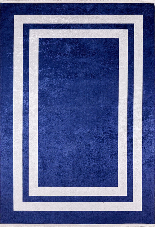 Kislovodsk Lacivert Çerçeveli Etnik Modern Desenli Makinada Yıkanabilir Hav Toz Vermez Leke Tutmayan Kaymaz Taban Dijital Makine Baskı Salon Yolluk Mutfak Halı