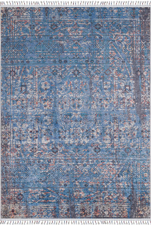 Lowicz Mavi Göbekli Etnik Modern Desenli Makinada Yıkanabilir Hav Toz Vermez Leke Tutmayan Kaymaz Taban Dijital Makine Baskı Salon Yolluk Mutfak Halı