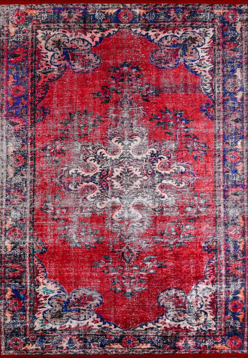 Belorecensk Kırmızı Eskitme Etnik Modern Desenli Makinada Yıkanabilir Hav Toz Vermez Leke Tutmayan Kaymaz Taban Dijital Makine Baskı Salon Yolluk Mutfak Halı