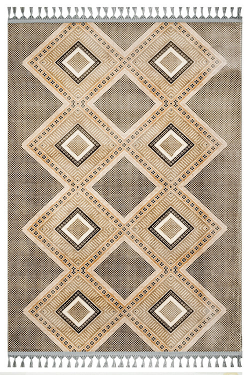 Pranavi Bej Geometrik Etnik Modern Desenli Bambu Makinada Yıkanabilir Hav Toz Vermez Leke Tutmayan Kaymaz Taban Dijital Makine Baskı Salon Yolluk Mutfak Halı