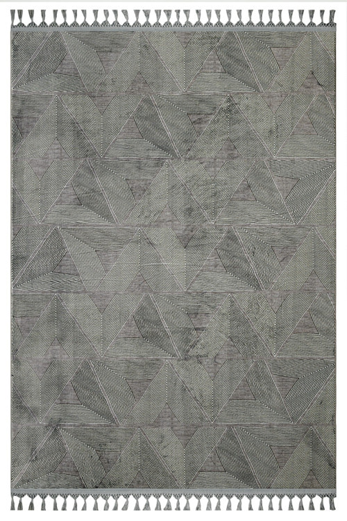 Priyansh Gri Geometrik Etnik Modern Desenli Bambu Makinada Yıkanabilir Hav Toz Vermez Leke Tutmayan Kaymaz Taban Dijital Makine Baskı Salon Yolluk Mutfak Halı