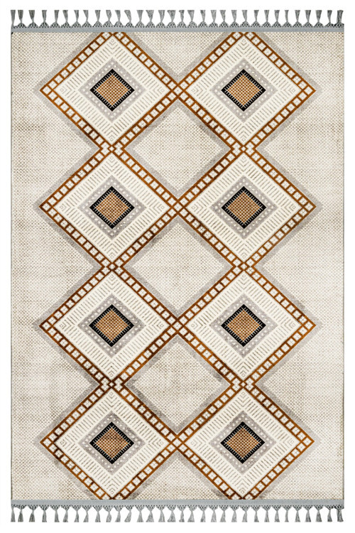 Prabhakar Krem Geometrik Etnik Modern Desenli Bambu Makinada Yıkanabilir Hav Toz Vermez Leke Tutmayan Kaymaz Taban Dijital Makine Baskı Salon Yolluk Mutfak Halı