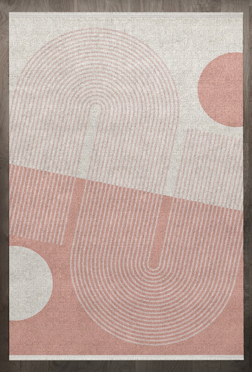 Geometrik Pembe Pamuk Dikdörtgen Modern Desenli Pamuk Makinada Yıkanabilir Hav Toz Vermez Leke Tutmayan Kaymaz Taban Dijital Makine Baskı Salon Yolluk Mutfak Halı