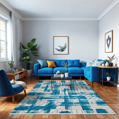 Geometrik Mavi Pamuk Dikdörtgen Modern Desenli Pamuk Makinada Yıkanabilir Hav Toz Vermez Leke Tutmayan Kaymaz Taban Dijital Makine Baskı Salon Yolluk Mutfak Halı