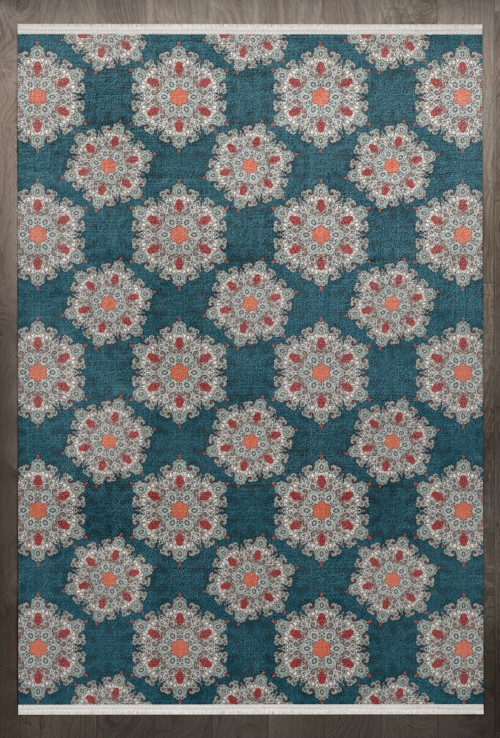 Geometrik Mavi Pamuk Dikdörtgen Modern Desenli Pamuk Makinada Yıkanabilir Hav Toz Vermez Leke Tutmayan Kaymaz Taban Dijital Makine Baskı Salon Yolluk Mutfak Halı