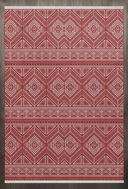 Geometrik Kırmızı Pamuk Dikdörtgen Modern Desenli Pamuk Makinada Yıkanabilir Hav Toz Vermez Leke Tutmayan Kaymaz Taban Dijital Makine Baskı Salon Yolluk Mutfak Halı