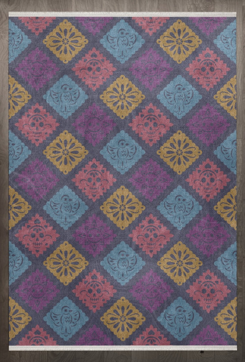 Geometrik Mor Pamuk Dikdörtgen Modern Desenli Pamuk Makinada Yıkanabilir Hav Toz Vermez Leke Tutmayan Kaymaz Taban Dijital Makine Baskı Salon Yolluk Mutfak Halı