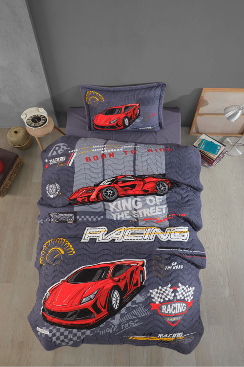 Ranforce %100 Pamuk Tek Kişilik Yatak Örtüsü Seti Racing Team V1 Gri