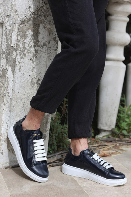 Valendo Lacivert Rugan Garantili Erkek Günlük Casual Bağcıklı Tabanlı Sneaker Spor Ayakkabı