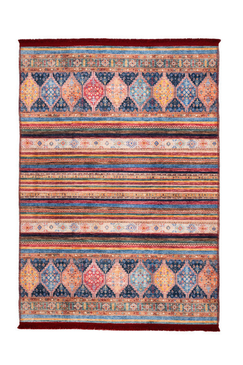Tilburg Etnik Bordo Polyester Dikdörtgen Modern Desenli Pamuk Makinada Yıkanabilir Hav Toz Vermez Leke Tutmayan Kaymaz Taban Dijital Makine Baskı Salon Yolluk Mutfak Halı