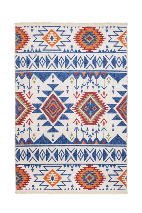 Nijmegen Etnik Mavi Polyester Dikdörtgen Modern Desenli Pamuk Makinada Yıkanabilir Hav Toz Vermez Leke Tutmayan Kaymaz Taban Dijital Makine Baskı Salon Yolluk Mutfak Halı