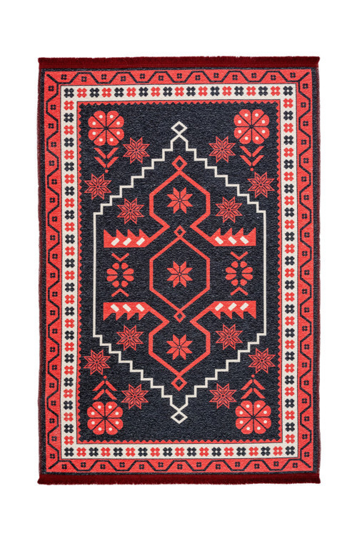 Delft Geometrik Siyah Polyester Dikdörtgen Modern Desenli Pamuk Makinada Yıkanabilir Hav Toz Vermez Leke Tutmayan Kaymaz Taban Dijital Makine Baskı Salon Yolluk Mutfak Halı