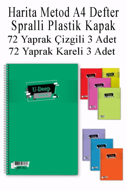 A4 Okul Defteri Spiralli Plastik Kapak 72 Yaprak Çizgili 3 Adet ve 72 Yaprak Kareli 3 Adet Spralli Harita Metod