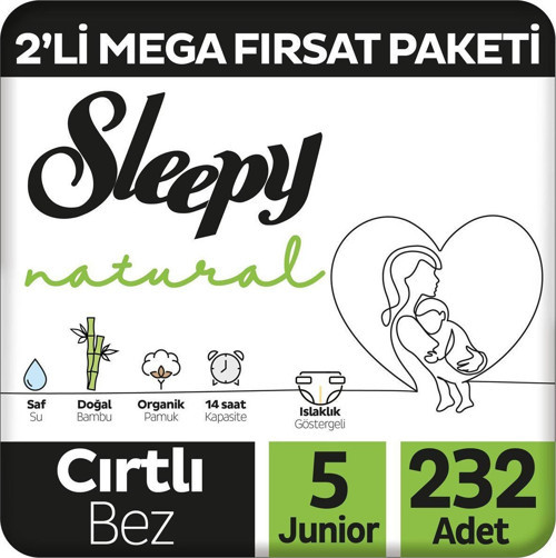 Natural 2'li Mega Fırsat Paketi Bebek Bezi 5 Numara Junior 232 Adet