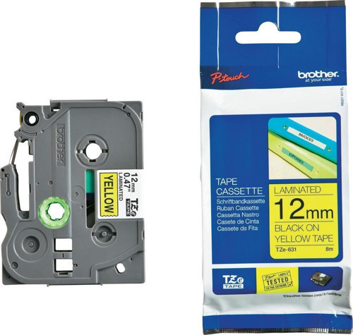 TZE-631 12 mm Sarı Üzeri Siyah Laminasyonlu Etiket