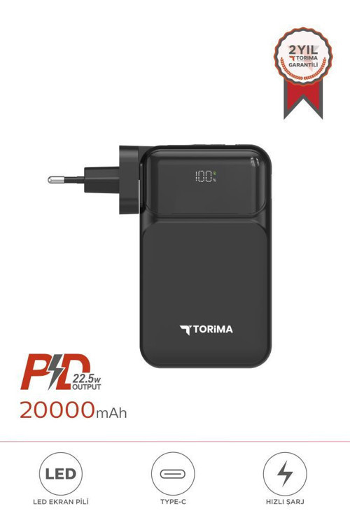 TRM-1027 Siyah 20000 mAh Type-C + Lightning + USB Taşınabilir 22,5 W Hızlı Şarj Dijital Göstergeli Powerbank