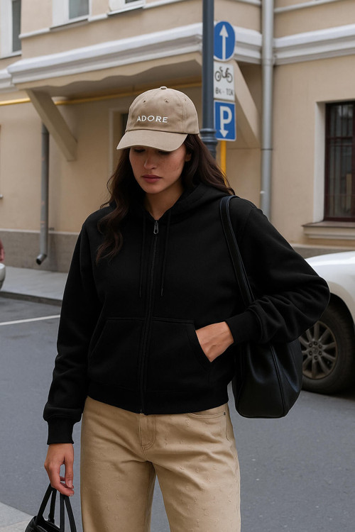 Kadın Fermuarlı Kapüşonlu Cepli İçi Polarlı Sweatshirt