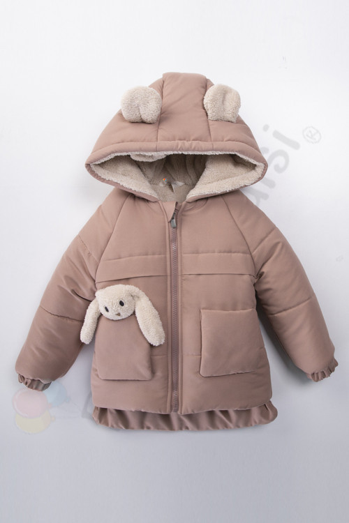 YENİ Tavşanlı Fermuarlı İçi Peluş Kürklü Kalın Kapüşonlu Kar Şişme Kışlık Kız Bebek Mont Çocuk Kaban