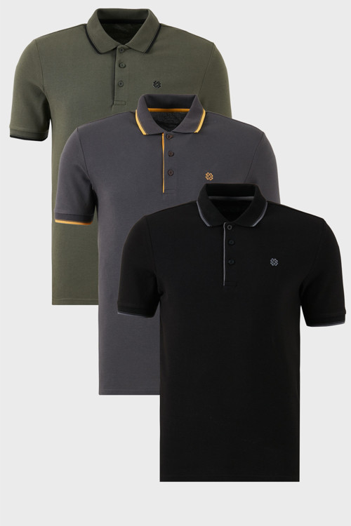 Pamuklu Slim Fit Şerit Detaylı Düğmeli Polo Yaka 3'lü Paket Erkek T Shirt 5902118S3 Siyah-Haki-Antrasit