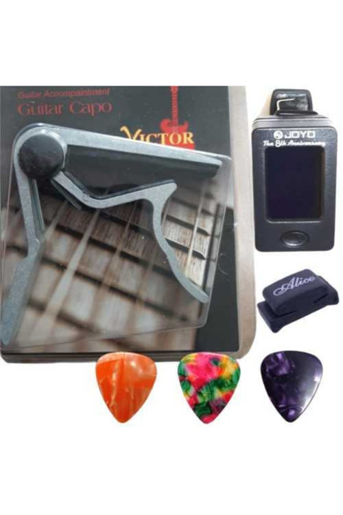 Saz Bağlama Gitar Kapo + Joyo Saz Bağlama Gitar Keman Dijital Akort Cihazı + 3 Pena + Pena Tutacağı