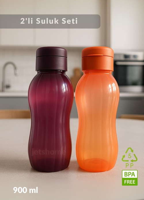 Suluk 2'li Set Su Şişesi BPA Free Okul Suluğu PP-5 Suluk Spor Okul Ofis Suluğu Mürdüm-Turuncu 900 ml